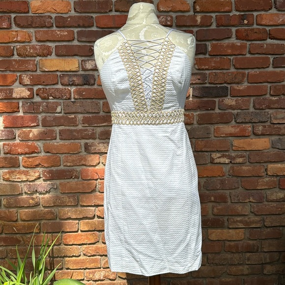 Lilly Pulitzer Dresses & Skirts - Lilly Pulitzer Trista Resort White Gold Lined Shift Sheath Dress 6 Zip Up NWT